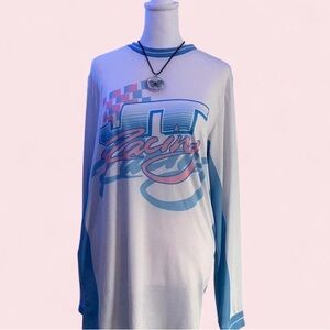 Retro Racing Graphic Long Sleeve Tee in White & Teal